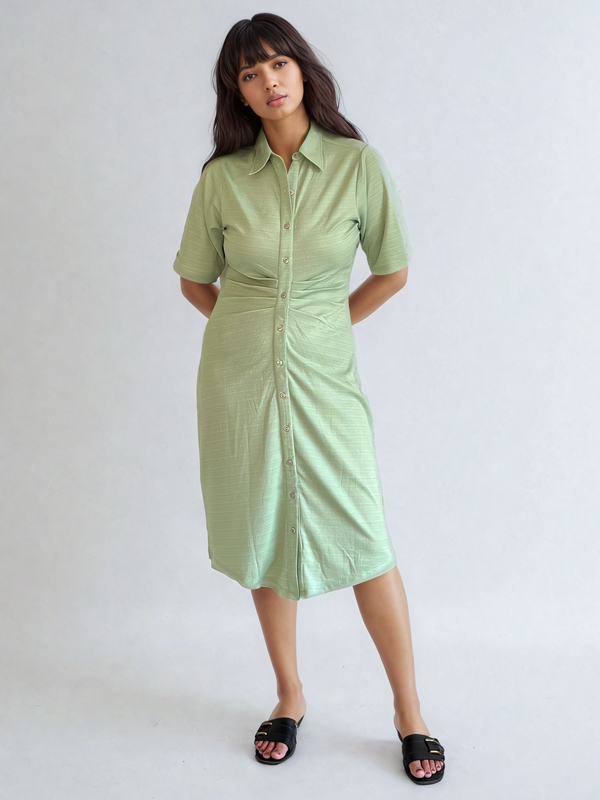 Pistachio Textured Pleated Knit Shirt Dress