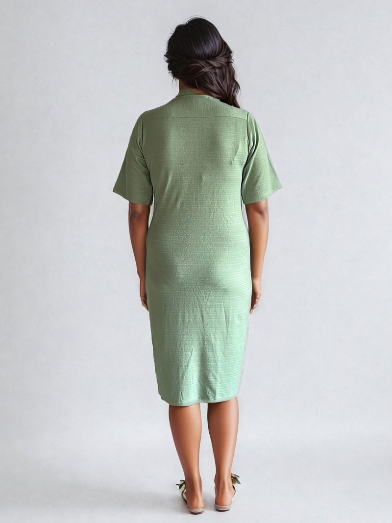 Pistachio Textured Pleated Knit Shirt Dress