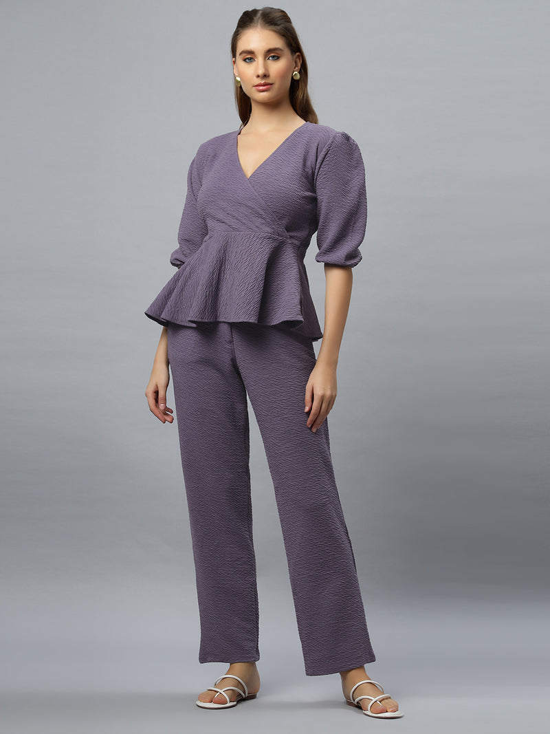 Mauve Peplum Knit Top and Straight Fit Pants Co-ord Set