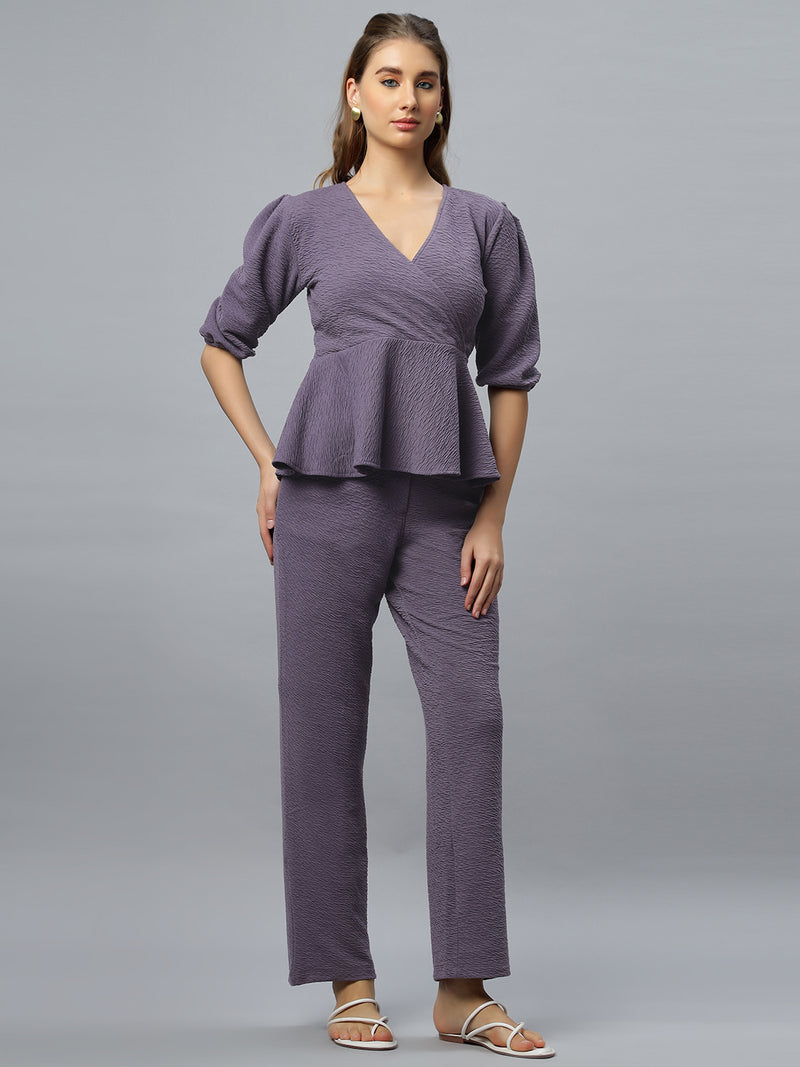 Mauve Peplum Knit Top and Straight Fit Pants Co-ord Set