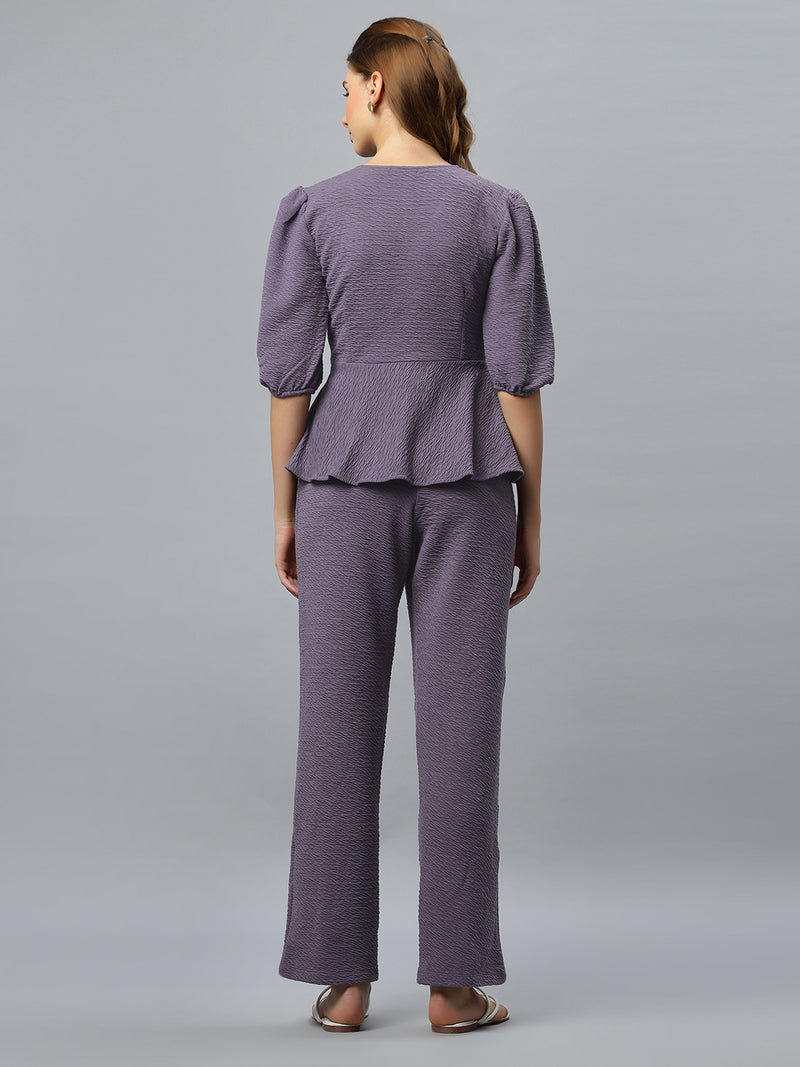 Mauve Peplum Knit Top and Straight Fit Pants Co-ord Set