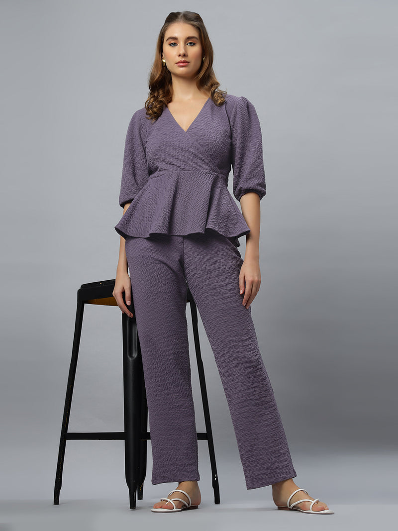 Mauve Peplum Knit Top and Straight Fit Pants Co-ord Set