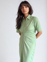 Pistachio Textured Pleated Knit Shirt Dress