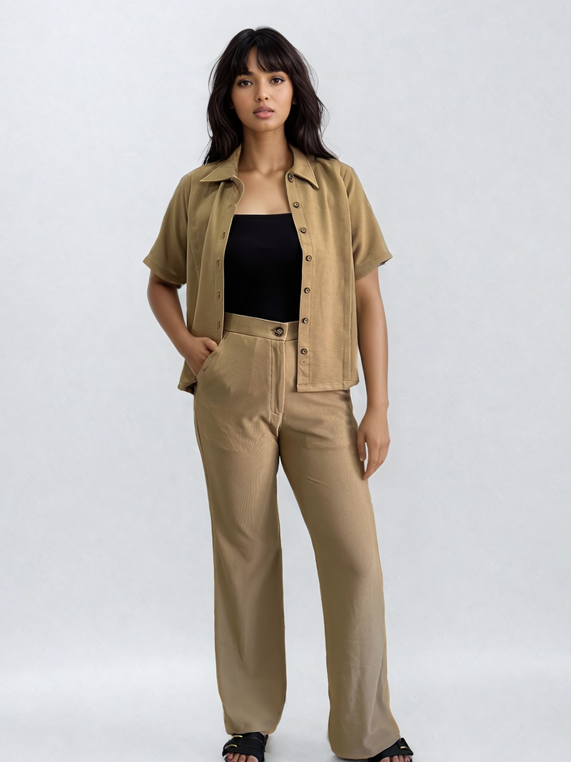 Tailored Half Sleeves Shirt and Bootcut Slit Pants Co-ord Set