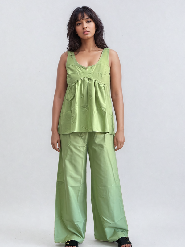 Pistachio Peplum Top and Flared Pants Co-ord Set