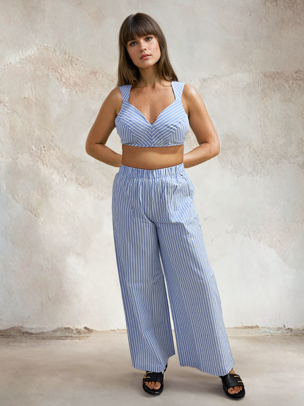 Blue Bralette Top and Flared Pants Cotton Co-ord Set