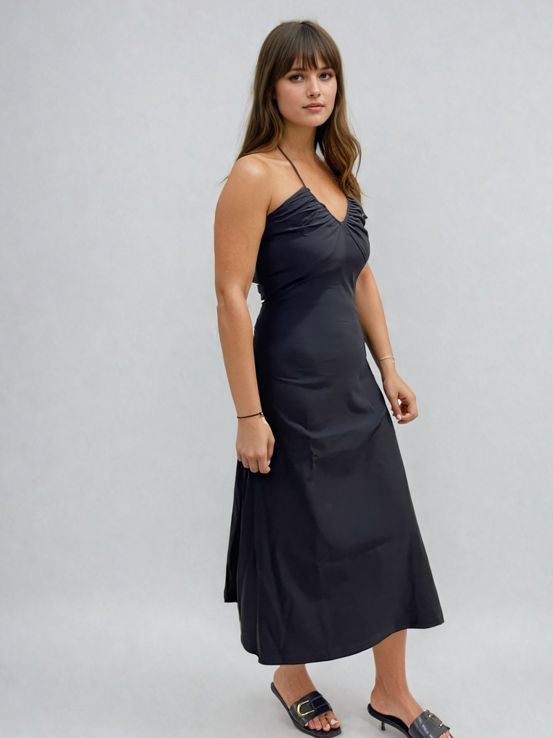 Black Neck Tie Up Midi Dress