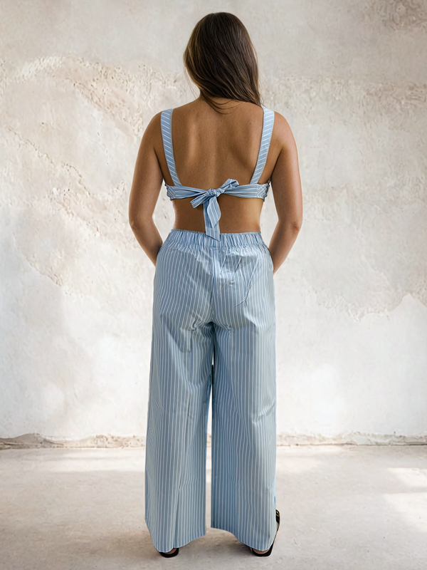 Light Blue Bralette Top and Flared Pants Cotton Co-ord Set