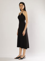 Black Neck Tie Up Midi Dress