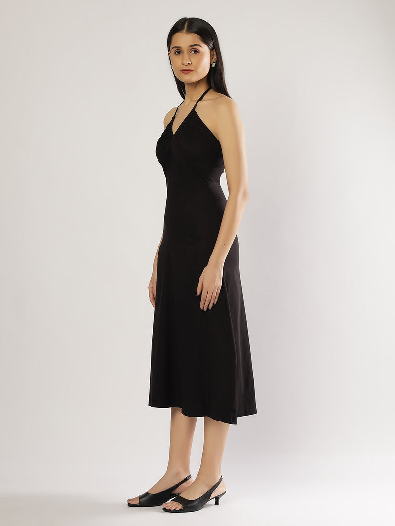 Black Neck Tie Up Midi Dress