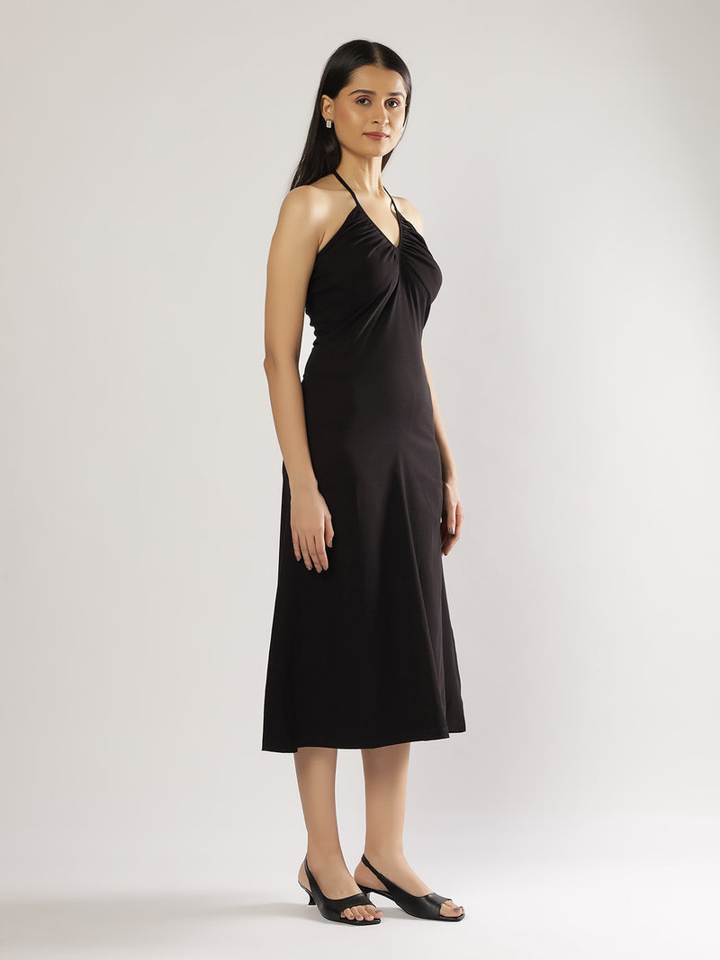 Black Neck Tie Up Midi Dress