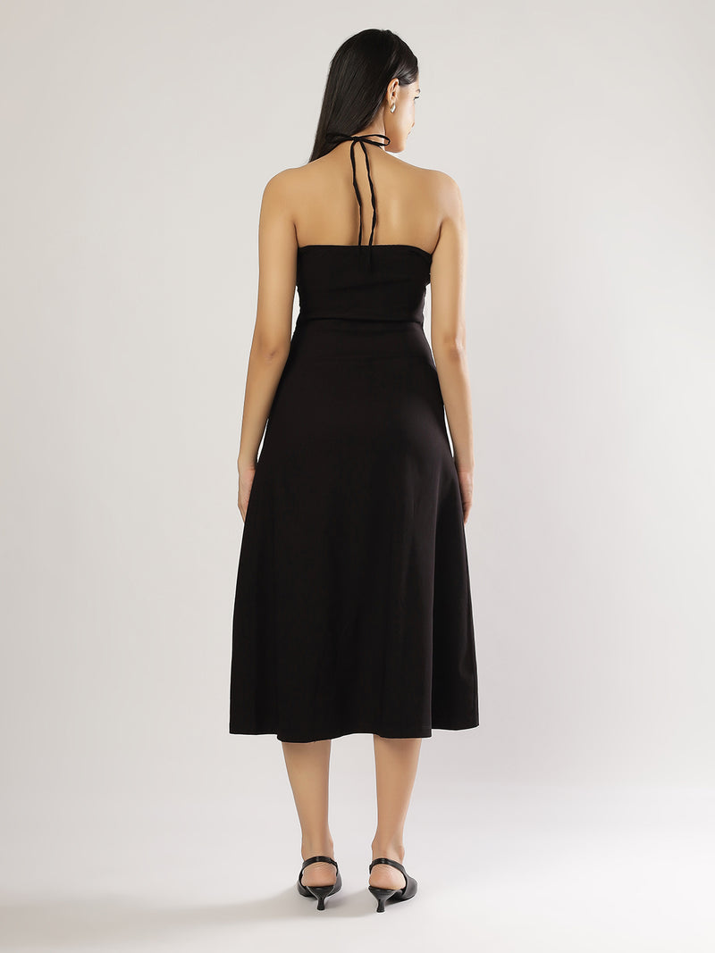 Black Neck Tie Up Midi Dress