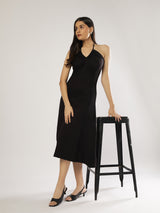 Black Neck Tie Up Midi Dress