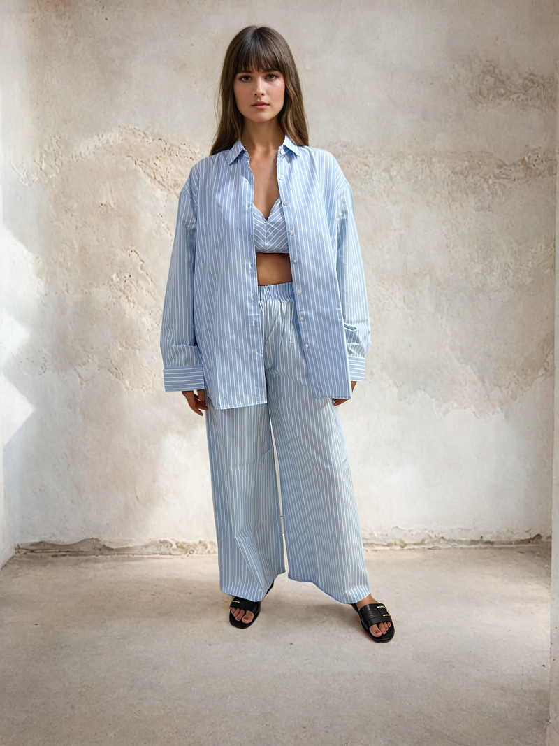 Light Blue Bralette Top and Flared Pants Cotton Co-ord Set