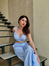 Blue Bralette Top and Flared Pants Cotton Co-ord Set